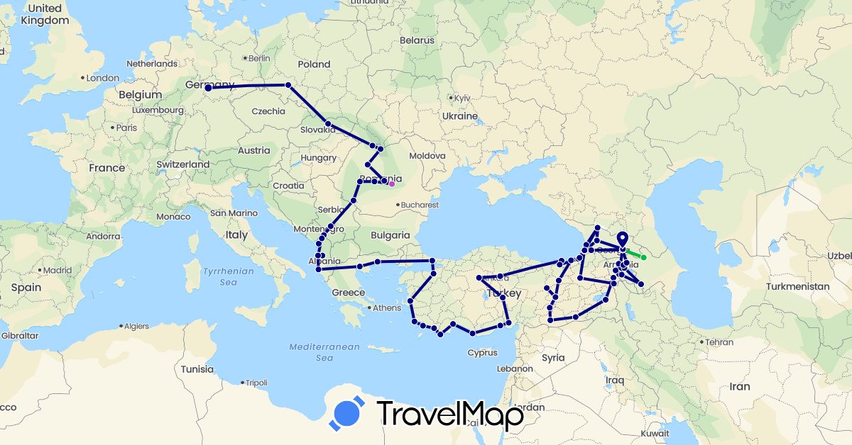 TravelMap itinerary: driving, bus, train in Albania, Armenia, Germany, Georgia, Greece, Montenegro, Poland, Romania, Serbia, Slovakia, Turkey (Asia, Europe)
